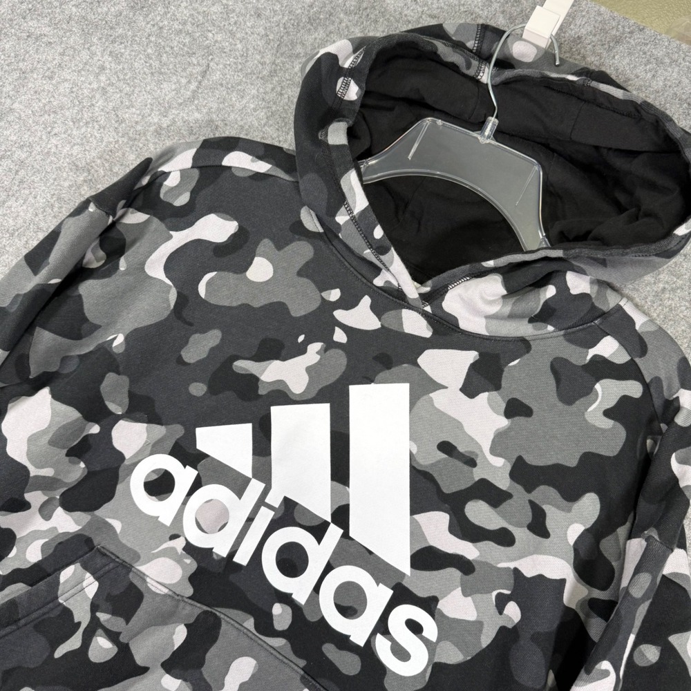 Adidas Camo Hoodie Boys Size XL 18/20 Black Grey White Pullover AA7484